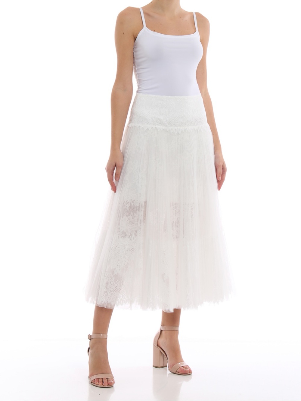 White Lace Tulle Midi Skirt